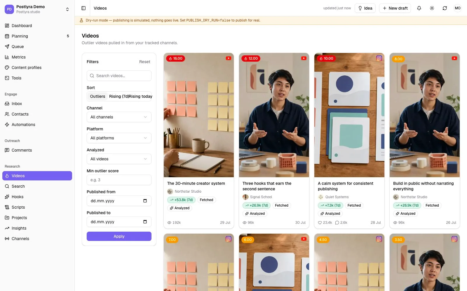 Postlyra Research showing ranked YouTube and Instagram outlier videos with source, score, growth, and analysis filters